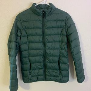 Dark green feather jacket.